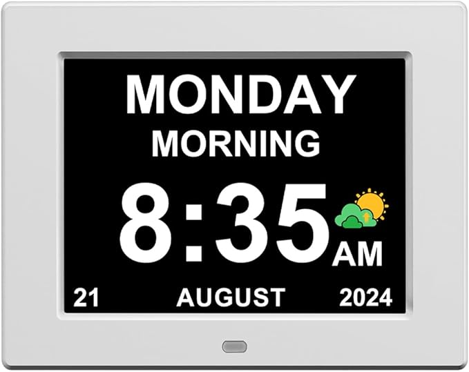 8‘’ Digital Calendar Day Clock, Gifts for People with Dementia Alzheimers, Large Display Alarms Clock for Seniors Electric Clocks with Date Day of Week 12 Alarms 4 Colors Auto DST/Dimmer