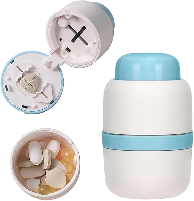 Safety Hidden Blade Pill Cutter and Storage for Splitting Small and Large Tablet Into Half or Quarter (2 in 1)