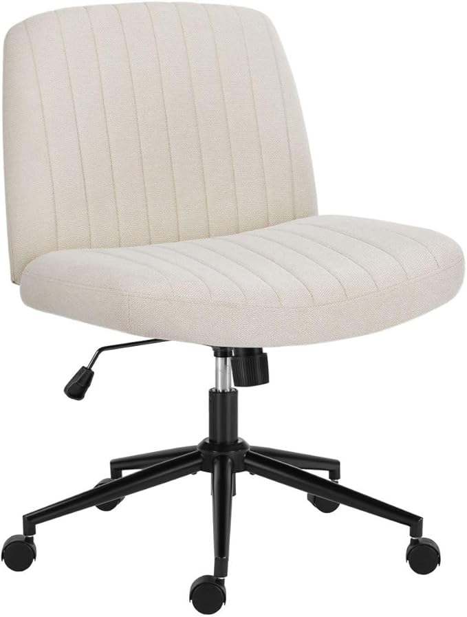 Criss Cross Chair with Wheels, Ergonomic Armless Swivel Comfy Vanity Seat, Wide Back Support and Adjustable Height for Home Office Bedroom Computer Gaming Makeup, Beige Fabric
