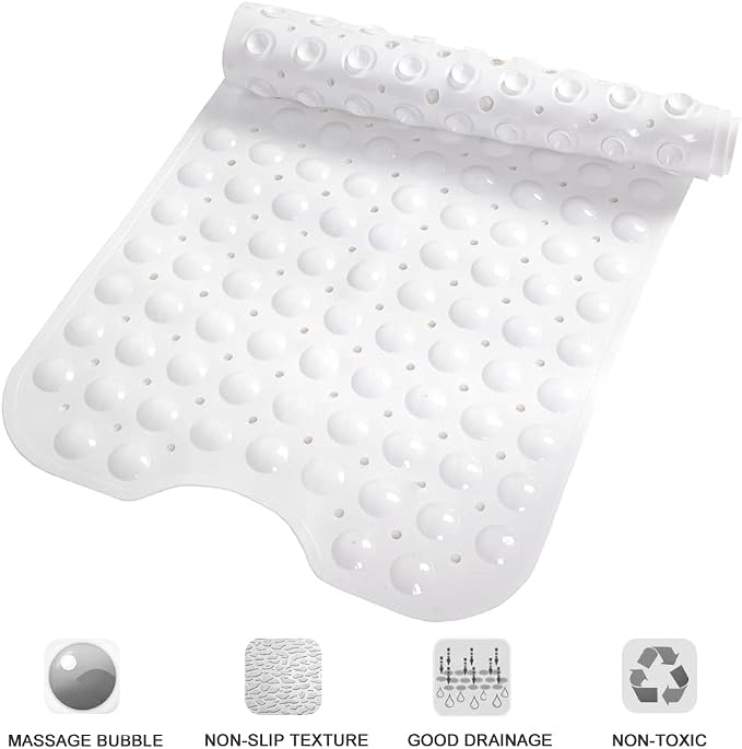 Bathtub and Shower Mats, Extra Long Non-Slip Bath Tub Mat 39 x 16 Inch, Machine Washable Bathmat with Suction Cups & Drain Holes for Bathroom Floor, White