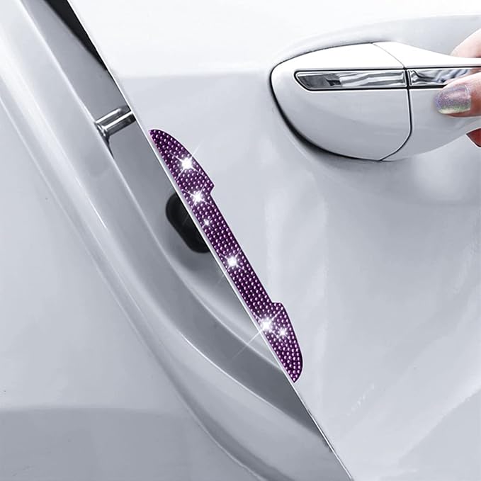 4PCS Bling Car Door Handle Scratch Protector, Purple | 5.75x0.39 Inch, Universal fit, side panels/mirror edges, stainless steel, rhinestones, adhesive backing, exterior accessories