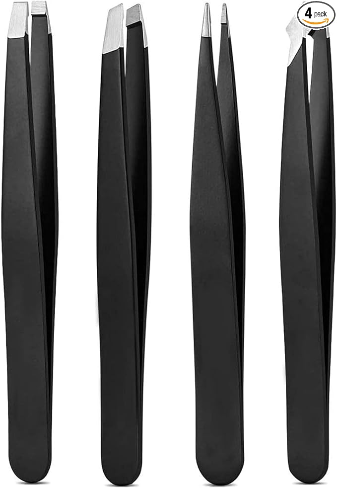 Derlaier Tweezers Set Professional High Precision Stainless Steel Eyebrow Remover Ingrown Hair & Splinter Removal Kit Facial Hair Grooming Tools for Men Women Black 4 Pcs