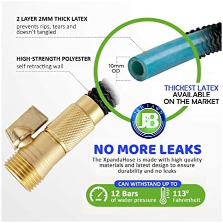J&B XpandaHose 100ft Expandable Garden Hose, Lightweight, Brass Connectors | Ultra Strong 3750D fabric, 4-layer latex core, expands 3X, kink & leak-resistant, 10-pattern nozzle, storage bag