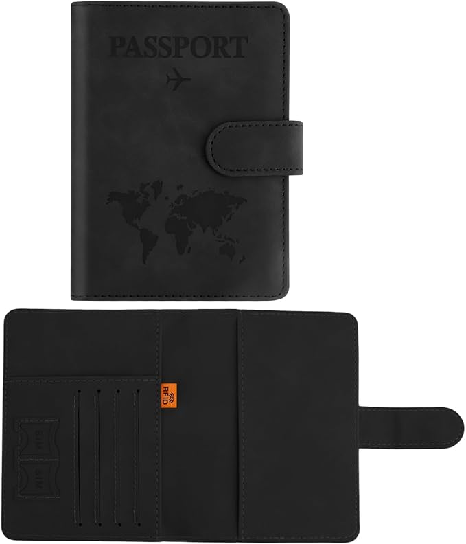 Passport Holder for Travel Essentials, Black Leather Passport Cover, Passport Wallet Holders for Women Men Family Travel Gifts Must Have Accessories, Credit Card Cash Air Ticket Storage Supplies