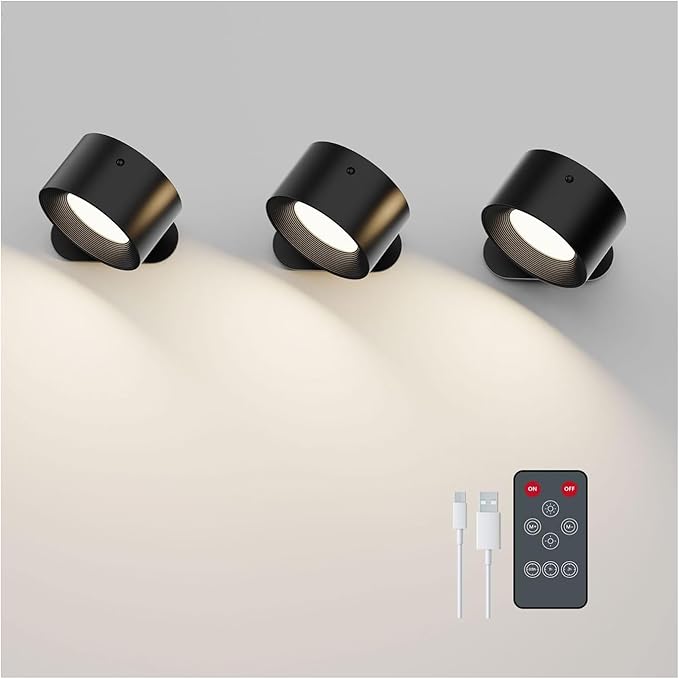 3PACK Romote LED Wall Sconce - Rechargeable Wall Light, 3 Colors & 3 Brightness Levels, 360° Magnetic Rotating Head, Bedside Reading Lamp, Easy Install Battery Operated Wall Lamp Black