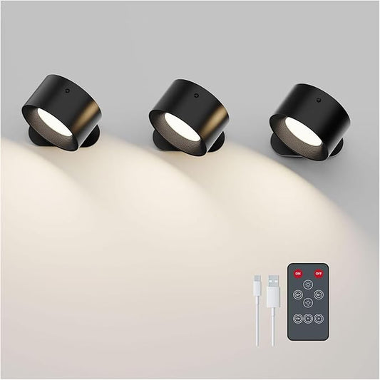 3PACK Romote LED Wall Sconce - Rechargeable Wall Light, 3 Colors & 3 Brightness Levels, 360° Magnetic Rotating Head, Bedside Reading Lamp, Easy Install Battery Operated Wall Lamp Black