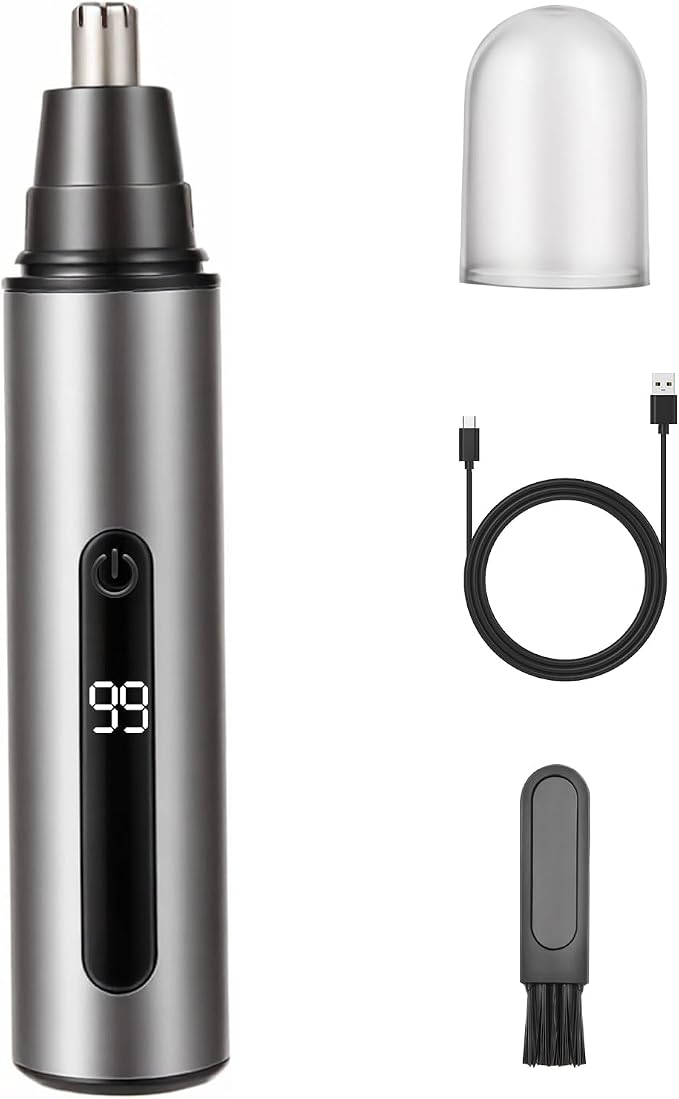 Nose Hair Trimmer for Men and Women,USB Rechargeable Eyebrow & Facial Hair Remover with LED Display,Aluminum Alloy Shell with IPX7 Waterproof,Dual Edge Blades for Easy Cleaning (Silver)