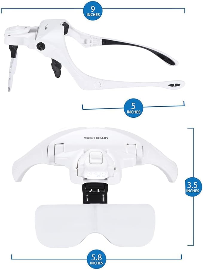 YOCTOSUN Head Magnifying Visor with 4 LED Lights and 5 Detachable Lenses 1X, 1.5X, 2X, 2.5X 3.5X - Hands-Free Headband Magnifier Glass for Jewelry, Arts, Crafts and Close Work