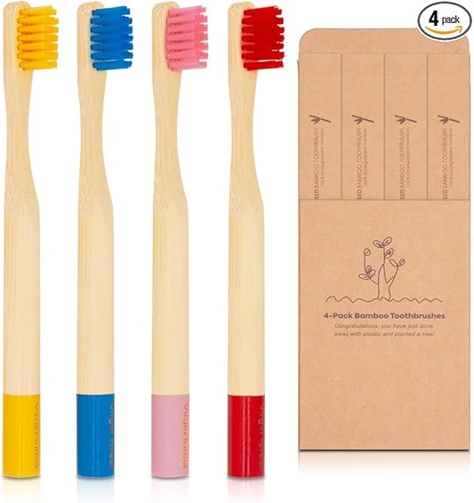 Virgin Forest Kids Bamboo Toothbrushes, Child Size Soft BPA Free Colored Safe Bristles (4 Pack)