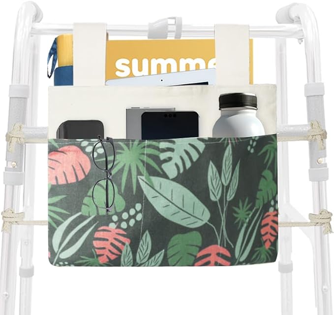 Walker Bag, Washable Walker Accessories Storage Bags with Cup Holder, Handy Walker Basket Pouch Tote Bag for Folding Walker, Wheelchairs, Strollers (Green Seaweed)