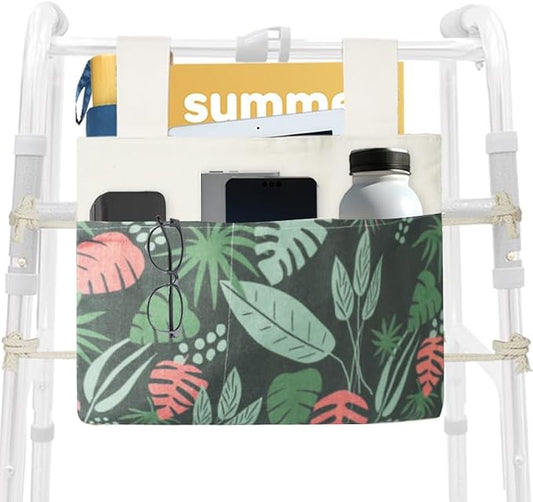 Walker Bag, Washable Walker Accessories Storage Bags with Cup Holder, Handy Walker Basket Pouch Tote Bag for Folding Walker, Wheelchairs, Strollers (Green Seaweed)
