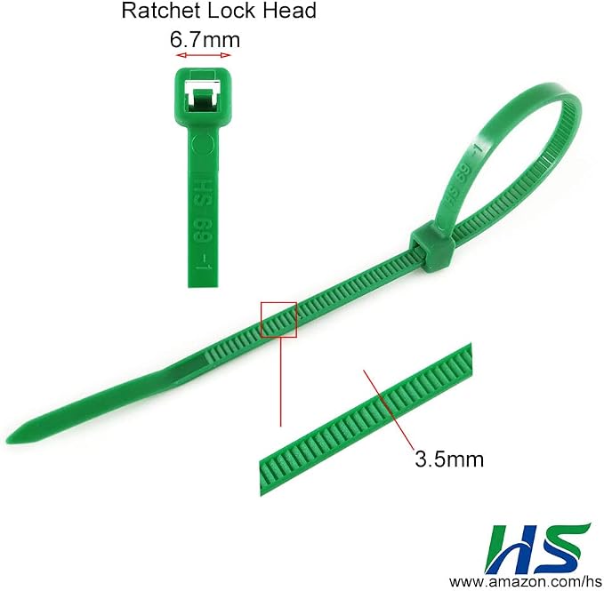HS Green Zip Ties 8 Inch (Bulk-1000 Pack) Nylon Cable Ties 40 Lbs Self-Locking Wire Ties for Electronics Organizer