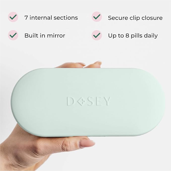 Dosey Compact Travel Pill Organizer - Pill Case with 7 Compartments for Medicine Storage & Protection – Stylish & Elegant Medication Organizer with Mirror, Sage