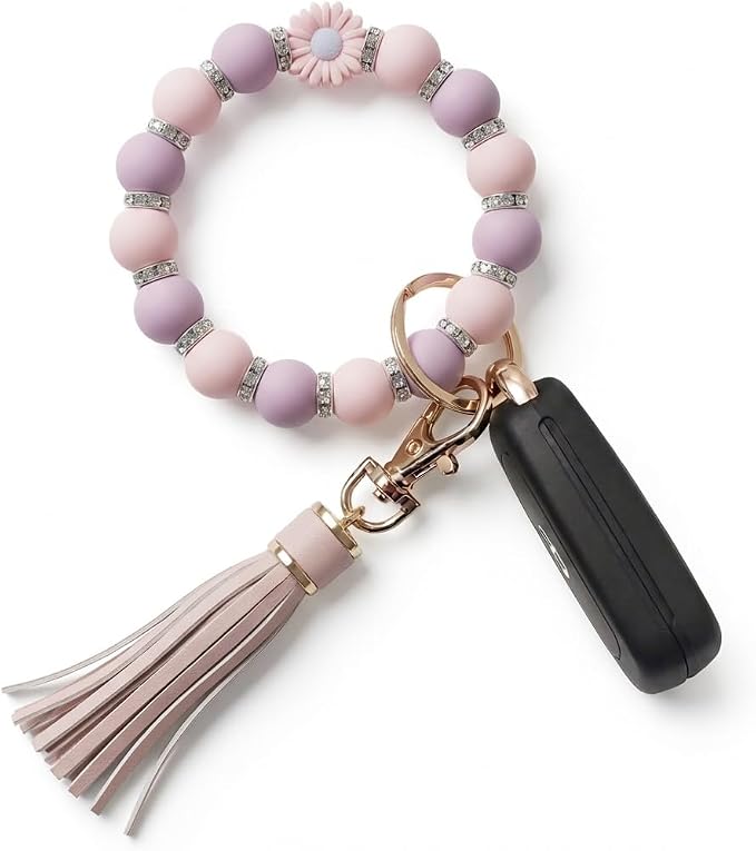 BIHRTC Key Ring Bracelet Car Keychain Holder Wristlet Silicone Women Beaded Bangle Chains