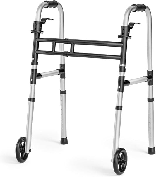 Loyoda Folding Walkers for Seniors Adjustable Aluminum Front Wheel Walker | 5" Wheels, Trigger Release Folding, Height & Width Adjustable, Lightweight Standard Walker, 350 lbs Capacity, Silver