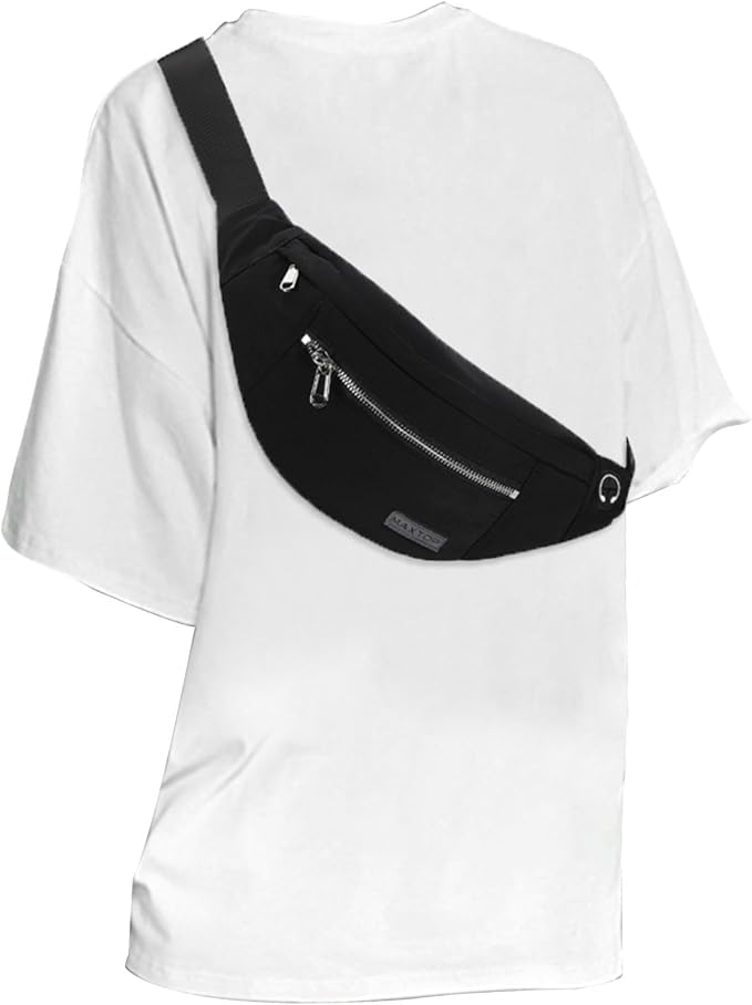 MAXTOP Large Crossbody Fanny Pack Belt Bag for Women Men with Silver Zipper | 4-Zipper Pockets,Fashion,Nylon,Gifts for Enjoy Sports Yoga Running Workout Walking Casual Travel