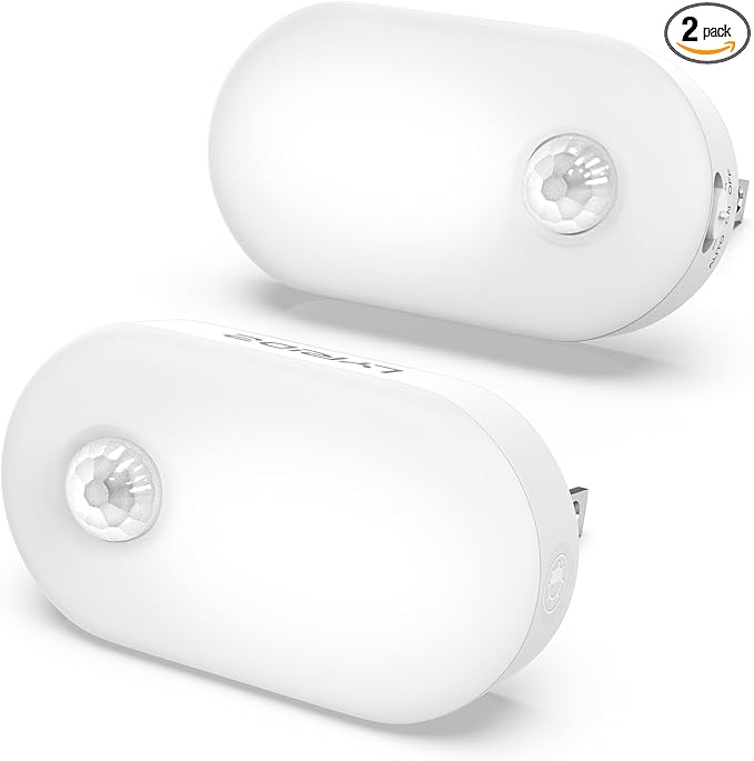 Lyridz 120LM Ultra Bright Plug-in Motion Sensor Night Light, Stepless Dimmable LED Nightlight, Always-On and Auto-Off, for Hallway, Stairs, Bathroom, Bedroom, Garage, Cool White (2-Pack)