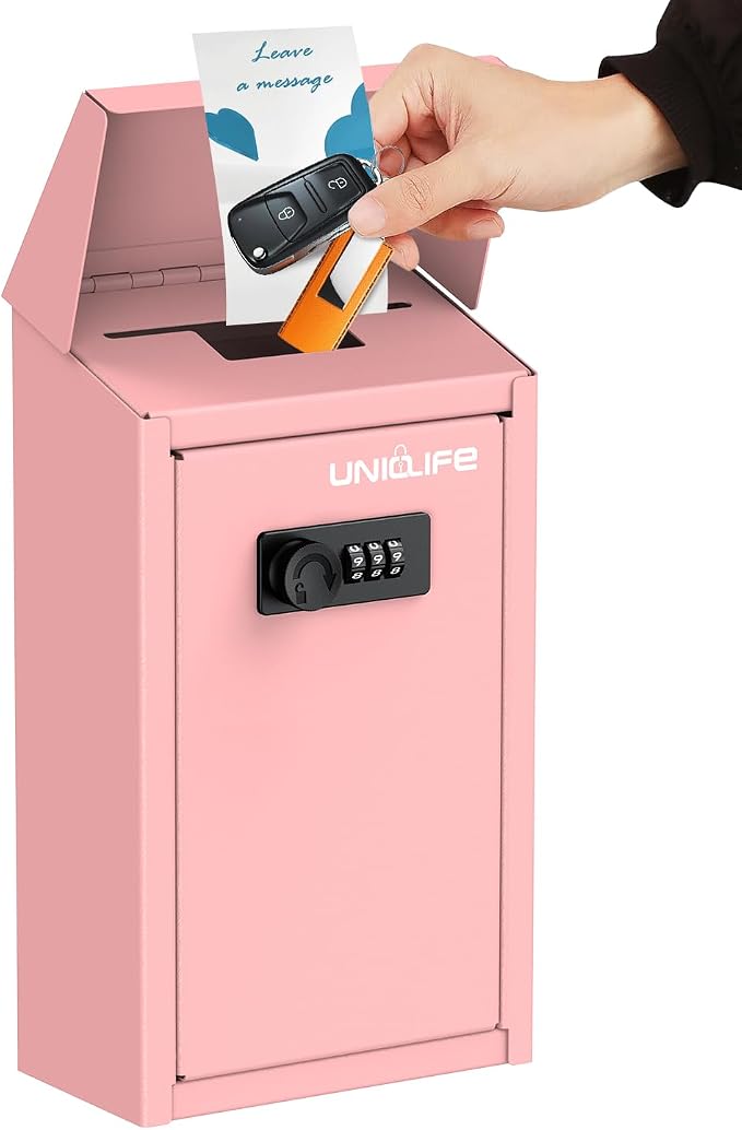 Uniclife Cash Box with Combination Lock, Wall Mounted Mailbox for Outside | Pink Code Lock Box, Metal Donation Box with Top Slot, Suggestion Box for Office and Business