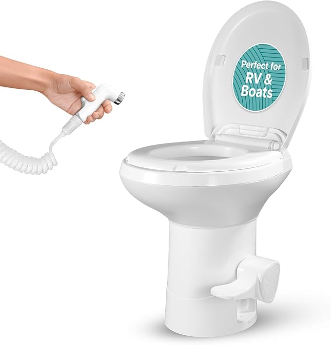 SereneLife RV Toilet - Small Camp Toilet with Foot Pedal and a Hand Sprayer, Leak-Proof, Odorless, Soft-Close Lid, Compact Water-Saving Design, Quick Installation, Perfect for RVs, Trailers, and Boats