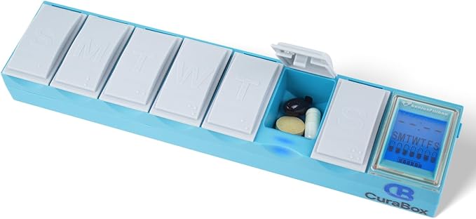 Pill Dispenser with Alarm Medication Alert Smart Pill Organizer with Alarm 7-Day Weekly Case with Auto-Learning Habit Sensor, LCD Status Icons, Rechargeable, Portable
