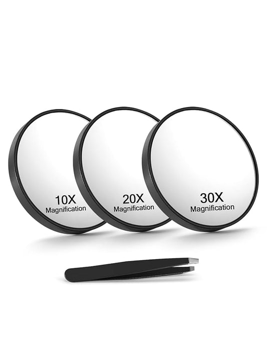 10X/20X/30X Magnifying Mirror with Suction Cups and Tweezers Set, 3.5 inches Travel Magnified Makeup Mirror, Black, 3PCS