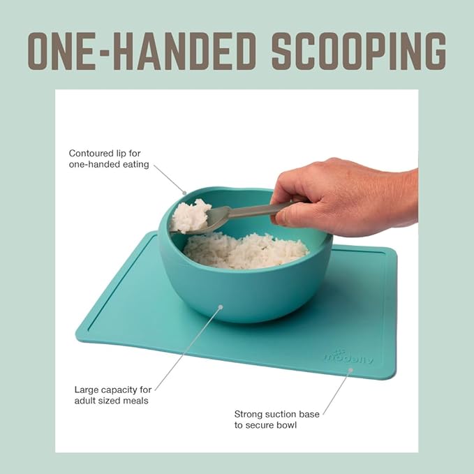 Modaliv 34oz Adult Scooper Bowl with Suction Base – Adaptive Silicone Placemat for Stroke Recovery, Elderly, or Disabled – Microwave & Dishwasher Safe – Non-Slip Feeding Aid (Turquoise)