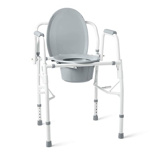 Medline Adjustable Steel Drop-Arm Bedside Commode, Portable Bedside Toilet, 350 lb Weight Capacity Removable 7.5 QT. Bucket, Toilet Chair For Elderly, Tool-Free Assembly