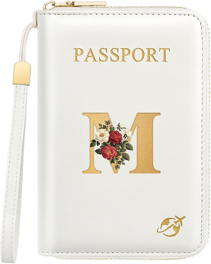 Passport Holder for Travel Personalized Wallet with Wristlet Women | All-in-One Passport Cover, RFID Blocking, Back Coin Pocket, Paper Money Slot, Zipper Closure, Roses Initial Letter, White M