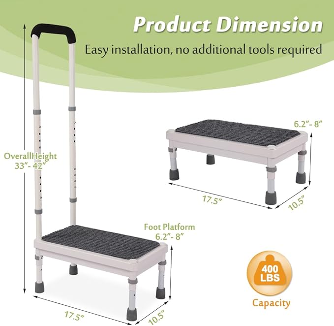 Medical Step Stool with Handle for Elderly Bed Steps for High Beds Adults Bedside Steps with Rail Safety Handicap Bed Stairs Seniors Adjustable Platform Heavy Duty Stepping Stool