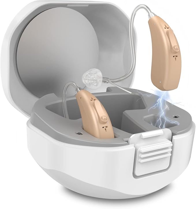 Rechargeable Hearing Aids for Seniors Severe Hearing Loss Earrck Hearing Amplifier with Noise Cancelling BTE Hearing Aid with Volume Control Dual Micphone (Beige)