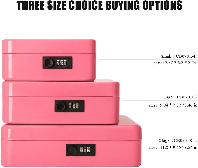 Jssmst Large Cash Box with Combination Lock - Durable Metal Cash Box with Money Tray, Pink, 11.81 x 9.84 x 3.46 inches, CB0705XLN