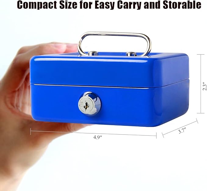Jssmst Small Cash Box with Lock and Slot, Metal Coin Piggy Bank for Adults and Kids, Blue Locking Money Box