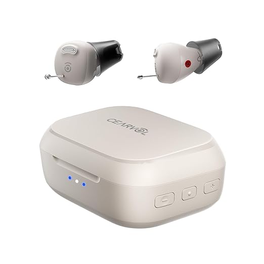 Nano Case Control OTC Hearing Aids Rechargeable, 3 Hearing Programs Feedback Cancellation Noise Reduction 54 Hours Battery Comfort-Fit ITC Design, Starlight Color