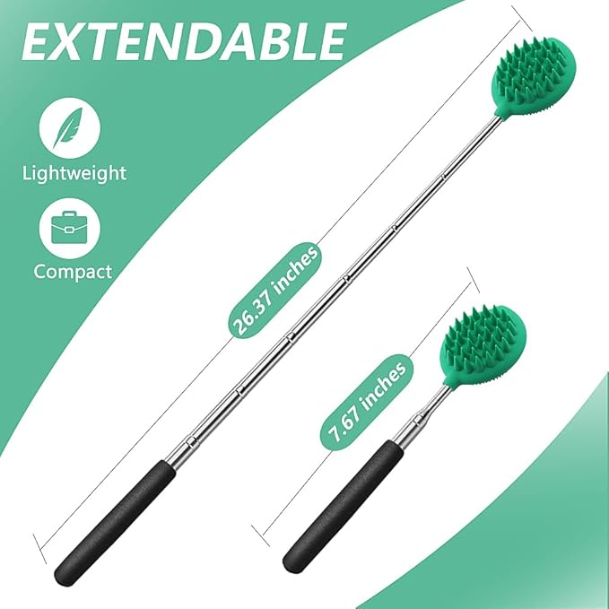 Back Scratcher with 3 Detachable Scratching Heads Silicone Massager Extendable Telescoping for Itches Lotion Application Spa Whole Body Seniors The Disabled Baby Men Women Kids Adults Green