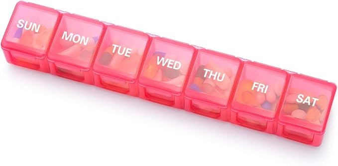 Sukuos Extra Large Weekly Pill Organizer, 7 Day Daily Pill Box Case Arthritis Friendly, Silkscreen Printed Medicine Container with Clear Lid for Vitamins, Fish Oils or Supplements (Pink)