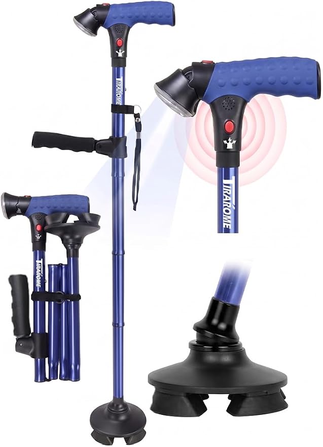 Walking Cane for Men & Women, 3-in-1 Folding Cane with Alarm and Light, Adjustable, Collapsible Walking Stick for Seniors Balance with a Second Handle