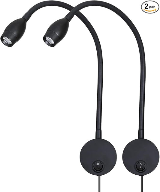 Reading Lamp Wall Sconces Light LED 3W Warm White 3000K Plug for Reading Books (Black 2pcs 3000K Cord)