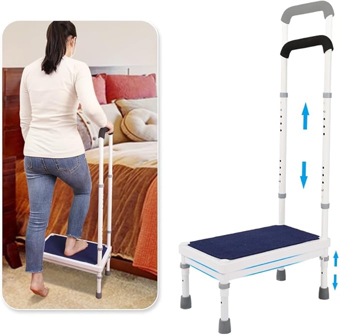 Bedside Steps for High Beds for Elderly Adults One Step Stool with Handle SUV Car Stepping Stool Seniors Stand Assist Aid Medical Heavy Duty 400lb Wide Platform Footstools for Bedroom Bathroom