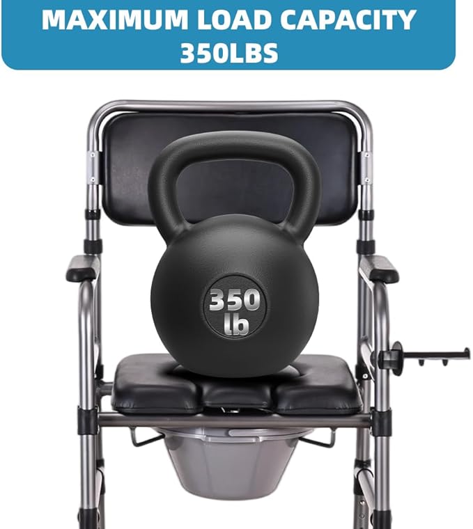 Bedside Commode Chair Foldable Height-Adjustable Toilet Chair with PU Seat 3" Locking Wheels, 400lbs Capacity, 22.8-40.6" Adjustablefoldable Shower Chair (Toilet- Open Type)