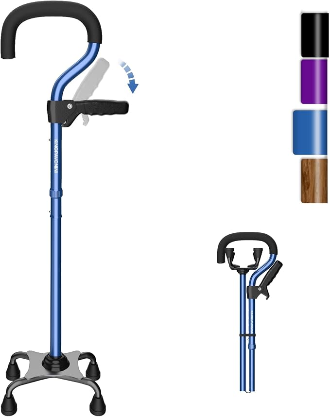 KingPavonini Canes for Women/Men with Second Handle, Foldable & Adjustable Walking Cane with 4-Pronged Base, Quad Cane for Stability, Standing, Balance, Leg Surgery Recovery