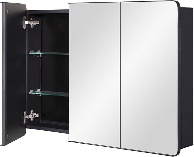 Bathroom Mirror Medicine Cabinet with Round Corner Framed Door 36 x 26 inch, Black，Recessed or Surface Mount, with Adjustable Glass Shelves