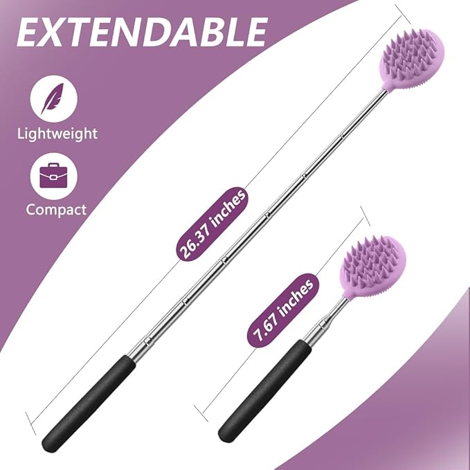 Back Scratcher with 3 Detachable Scratching Heads Silicone Massager Extendable Telescoping for Itches Lotion Application Spa Whole Body Seniors The Disabled Baby Men Women Kids Adults Purple