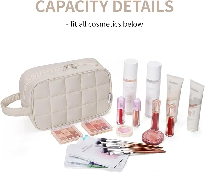 Narwey Quilted Makeup Bag Puffy Make up Bag Cosmetic Bag Organizer, Puffer Travel Toiletry Bag for Traveling Women Girl, Travel Bag for Toiletries, Skincare Medicine Bags (Beige)