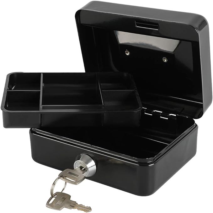 xydled Locking Steel Mini Cash Box with Removable Coin Tray and Key Lock,4.92" x 3.74" x 2.36",Black
