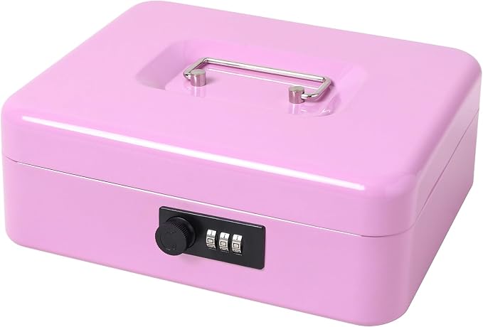 Jssmst Large Cash Box with Combination Lock - Durable Metal Cash Box with Money Tray, Light Purple (9.84 x 7.87 x 3.46)