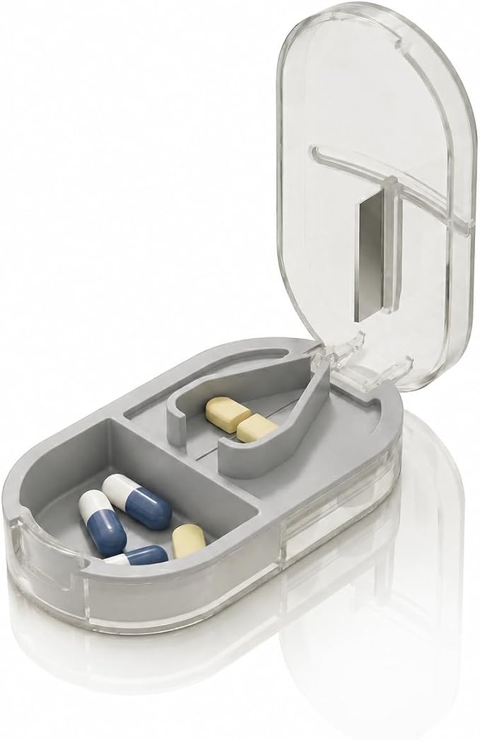 Pill Cutter Splitter for Small or Large Pills, Portable Pill Splitter with Hidden Professional Organizer and Brush, Tablet Cutter Medicine Slicer, Coupe Pilule for Tablets and Vitamins(Gray)