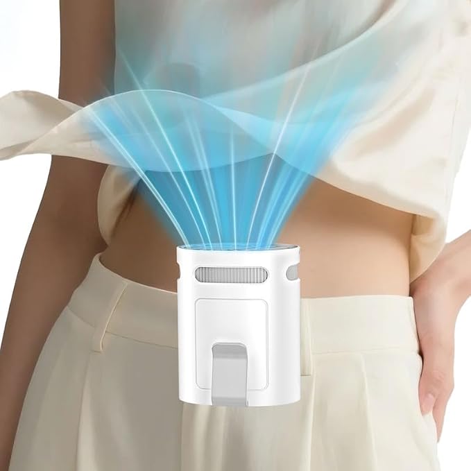 Portable Fan Attaches to Belt Shirt-Little Waist Fan Clip on Undershirt Pants Pocket Hip,Cordless Personal Fans that Blow Cold Air, Strap Hangs Neck Conditioner for Travel Camping Sports White
