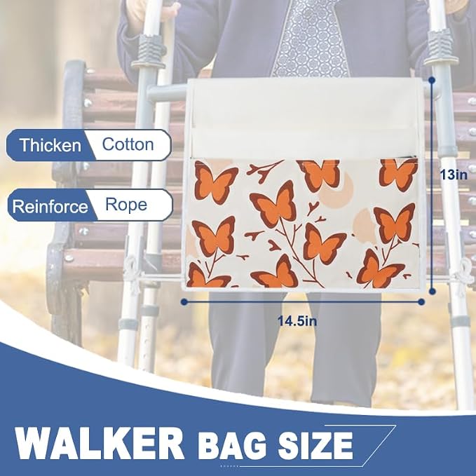 TOGETRUE Walker Bag, Easy Access Walker Storage Basket with 2 Large Pockets, Walker Accessories Bag for Folding Walker, Wheelchairs, Strollers, 13"x14.5" (Butterfly)