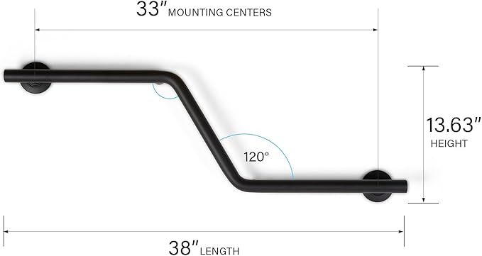 Bathroom Grab Bar, 38 inch Stainless Steel, Right Handed Zuma Bar, 1.25 inch Diameter, Handicap Grab Bar, Safety Rail, Matte Black