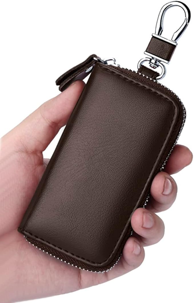 WESTONETEK Unisex Mens Womens Premium Leather Car Key Holder Bag Keychain Case Wallet with 6 Hooks Zipper Closure
